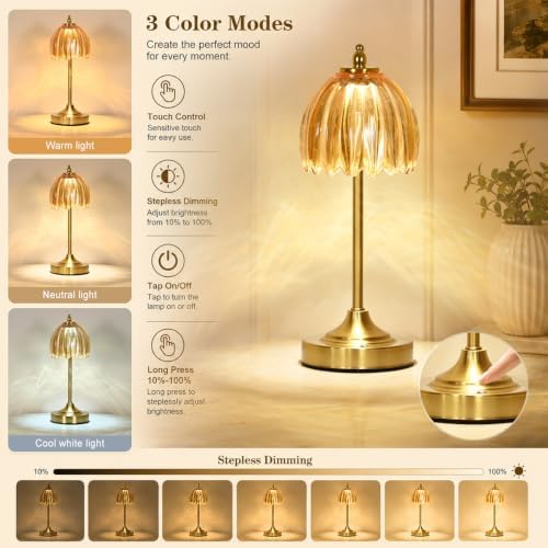Glass Tulip Table Lamp, Cordless Rechargeable Desk Lamp - Amber