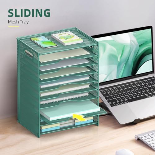 OUTWOLF 10 Tier Paper Organizer - Letter Tray Mesh Desk File Organizer with Handles for Office School Desktop, Green