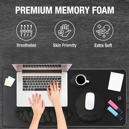 Premium Quality Cloud Wrist Rest Keyboard & Mouse Pad Set – Ergonomic Memory Foam Desk Accessories with Wrist Support for Office & Gaming – Black Fabric