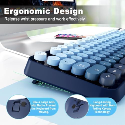 Blue Wireless Keyboard and Mouse Combo,Retro Typewriter Style Bubble Keys