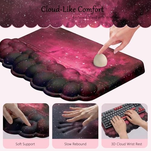 Computer Keyboard Stand Pad with Wrist Rest Dark Pink Cloud Keyboard Pad Support with Comfortable Black Galaxy Stars Wrist Pad Cute Girl Ergonomic Tilted Keyboard Riser Holder for Desktop Office Home