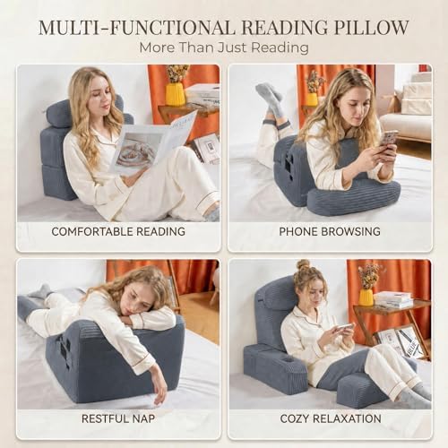 Reading Pillow for Adults, Back Pillow for Bed Sitting Up, Backrest Pillow for Sitting in Bed, Detachable Arms with Built-in Cup & Phone Caddy (Dark Gray-Corduroy, 19 INCH)