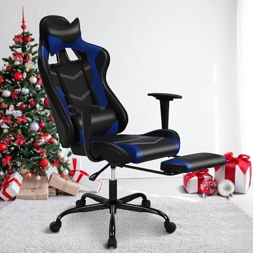 Blue Gaming Chair with Footrest, PU Leather Gaming Chairs for Adults, High Back Comfy Office Chair Ergonomic Desk Chair Computer Chair, Reclining Gamer Chair, Height & Backrest Adjustable, 300 Lbs