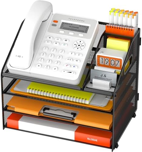 DocNest 4 Tier Metal Mesh Desk File Organizer with Phone Shelf, Black
