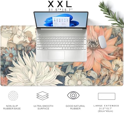 Japanese Floral Desk Mat Boho Aesthetic Flower Desk Matt for Desktop Large XXL Gaming Mouse Pad Extended Deskpad Laptop Keyboard Computer Mat Office Decor for Women 31.5 X 15.7