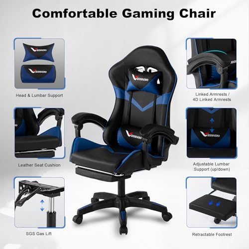 Gaming Chair for Adults, Ergonomic Computer Gaming Chair with Footrest & Lumbar Support, Height Adjustable 360° Swivel Reclining Home Office Desk Chair(Black & Blue)