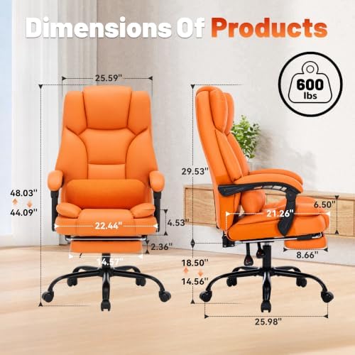 600LBS Executive Office Chair with FootRest for Heavy People High Back Ergonomic Gaming Chair with Lumbar Support Reclining Home Office Desk Chair with Pocket Spring Cushion Breathable Leather