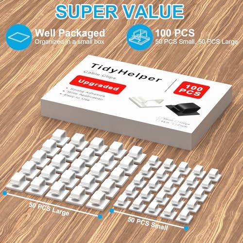 TidyHelper 100 PCS Adhesive Cable Clips White, Small & Large