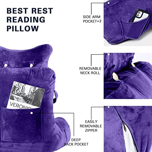 Reading Pillow-Extra Large 31" Bed Rest Pillow with Detachable Neck Roll & Arms for Sitting in Bed or Couch-Backrest Reading Pillow Adult Back Pillows for Reading/Watching TV/Gaming/Relaxing,Purple