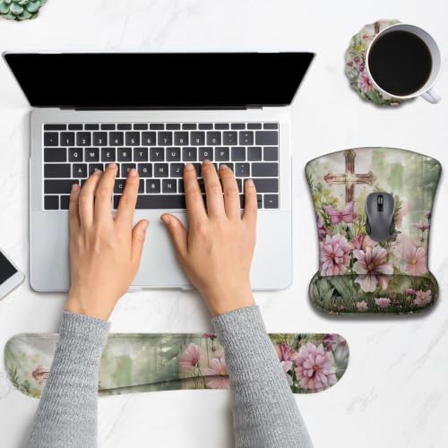 Ergonomic Keyboard Wrist Rest & Mouse Wrist Support Set with Lace Coaster, Gel Memory Foam Anti-Slip Base, Pain Relief for Typing, Cross Flowers