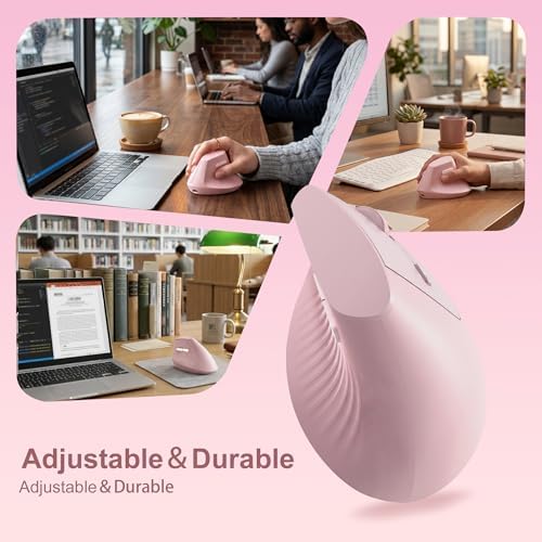 Ergonomic Wireless Vertical Mouse Pink, Bluetooth Mouse with BT5.0/4.0 & 2.4G+USB-C Adapter, Rechargeable Silent, 4 Adjustable DPI Levels, Multi-Device Computer for MacBook, Laptop, PC, Home Office