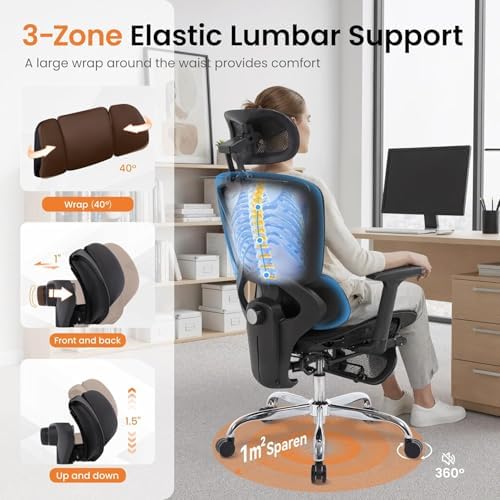 LuxErgo High Back Ergonomic Mesh Office Chair, Home Desk Chair with Adjustable Lumbar Support Foot Rest, 3D Headrest and Armrests, 350lbs Big and Tall High Back Reclining Gaming Chair, Black