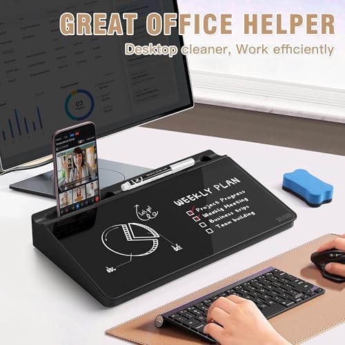SELEAD Desktop Glass Whiteboard with Storage, 5 Markers and 1 Eraser, Black