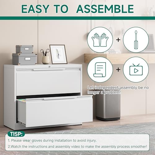 2 Drawer File Cabinet with Lock,Lateral File Cabinet,35.4" W Metal File Cabinets for Home Office,Hanging Files Letter/Legal/F4/A4 Size (White - Assembly Required)