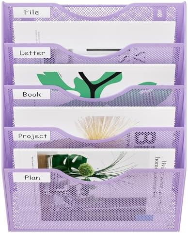 EasyPAG Wall File Organizer 5 Tier Hanging Paper Folder Holder, Zero Assembly Metal Mesh Wall Mounted Mail Organizer for Office Home Classroom Narrow Spaces, Puple