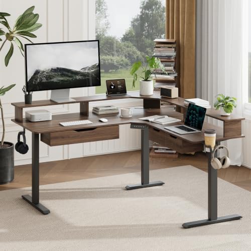 MALOL 59" L Shaped Electric Standing Desk with Drawers, Height Adjustable Desk with Power Outlets & LED Lights, Monitor Stand, Corner Computer Desk for Home Office, Walnut