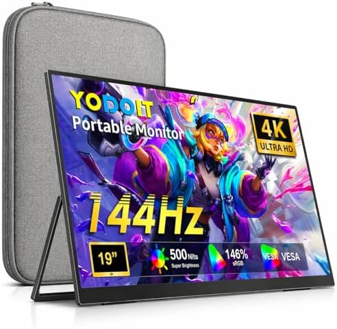 Yodoit Portable Monitor 19" 4K UHD QLED 144Hz 146% sRGB Travel Gaming Monitor Screen Display with USB Type C Port and Built-in Speakers Compatible with PC, Xbox Black