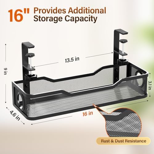 [Upgraded] 2 Pack Under Desk Cable Management Tray, Cinati Cord Organizers for Table Thickness up to 3", 16" Wire Organization with Clamp No Drill, Cable Management Box for Office - No Damage to Desk