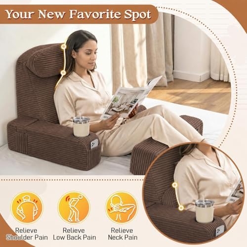 Reading Pillow/Backrest Pillow with Arms, Cup Holder & Phone Pocket