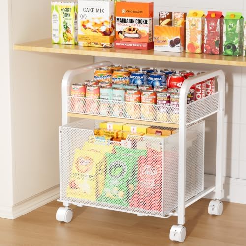 HapiRm 2 Tier Rolling Pantry Organizer Cart- Snack Storage Cart with Wheels