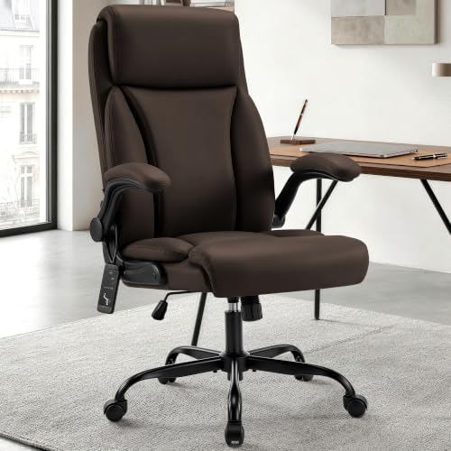 Heated Office Chair, Reclining Desk Chair with Constant Warm Heat, Big and Tall Executive PU Leather Chairs for Heavy People, Ergonomic Wider & Thicker Seat Cushion Gaming Chairs (Dark Brown)