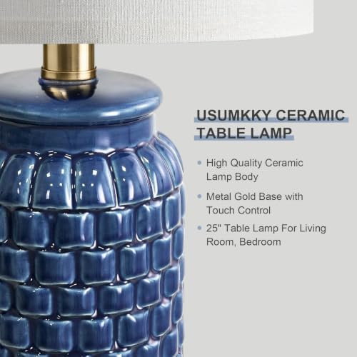 USumkky 25'' Touch Table Lamps for Nightstand Blue Ceramic -3 Way Dimmable