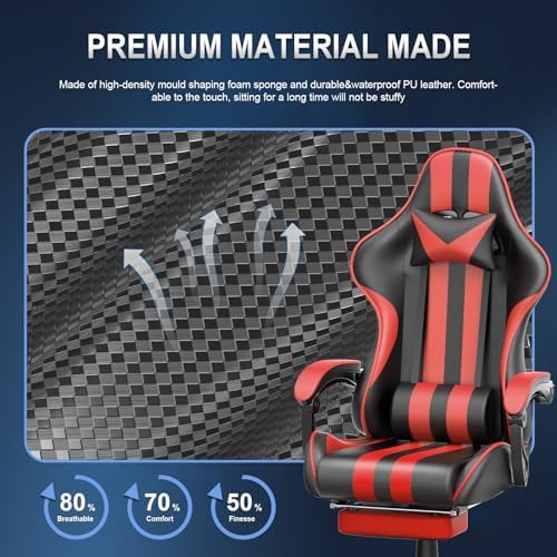 Huracan Gaming Chair with Footrest, Adjustable Ergonomic Computer Office Chair with Lumba Pillow, Video Game Computer Chairs for Adults, Racing Style Reclining Backrest Office Desk Chairs, Red