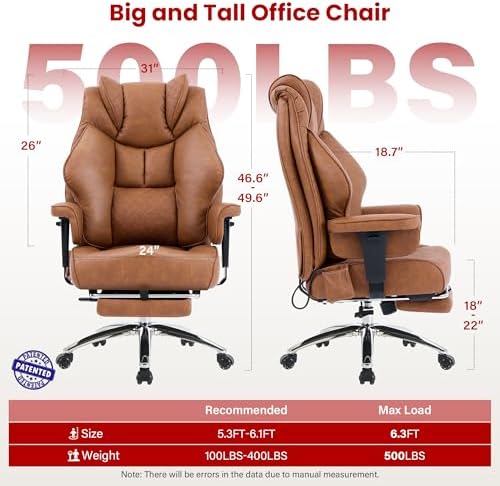 Clome 500lbs Big and Tall Office Chair Adjustable Lumbar Support for Back Pain, Extra Wide Seat Executive Office Chair Thick Armrest Pad, Heavy Duty Base Ergonomic Computer Desk Chair