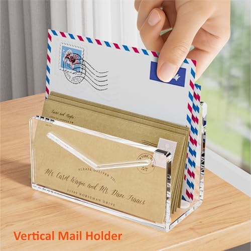 FUCDTEFC Acrylic Mail Holder, Mail Organizer Wall Mounted Clear File Letter Organizer, Vertical Envelope Mail Holder for Desk, Lightweight Countertop Bill Sorter Invoice Stand for Home Office School