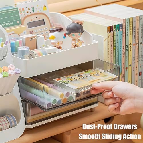 Desk Organizer with Pen Pencil Holder, Pen Organizer with 2 Drawers & 4 Compartments, Desktop Organizers and Storage for Office Home School Art Supplies (Pink)
