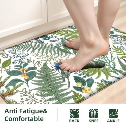2PC Botanical Kitchen Rugs Set, White Green, 17.3"x28" + 17.3"x47"