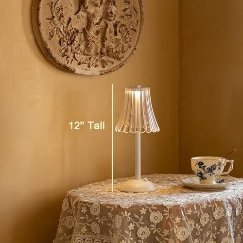 HEQET Cordless Table Lamps for Home,Table,Dining Room, Gold Rechargeable Lamps, USB Charge 12'' Tall LED Brass Portable Outdoor Indoor Table Lamp with Built-in Dimmer (Flower-White)