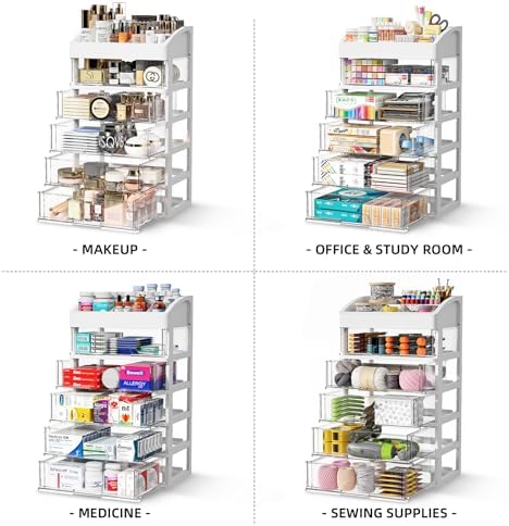 Desk Organizer with Drawers, 5 Drawers Storage Organizer, Desktop Storage Drawers for Office Supplies, Plastic Stationary Organizer, Makeup Organizer, Desk Storage Box for Office, School, Home