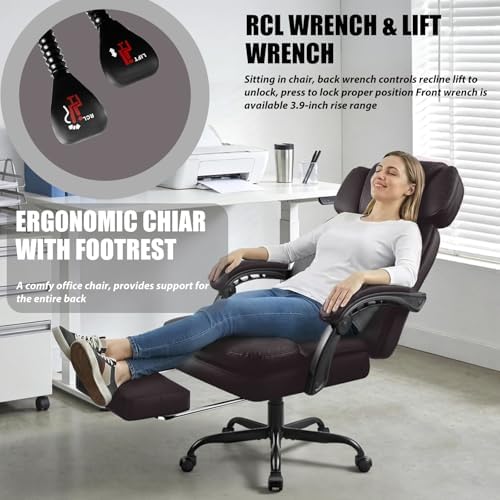 LEMBERI 400lbs Executive Office Chair with Foot Rest, Ergonomic Heavy Duty Big and Tall Desk Chair with Adjustable Headrest, High Back PU Leather Comfy Computer Chairs for Long Hours (Brown)