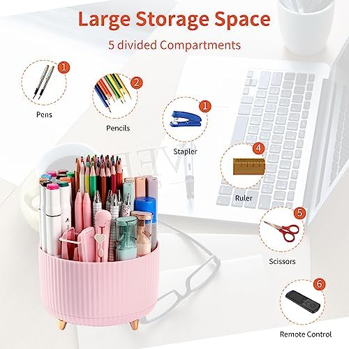 Desk Pencil Pen Holder, 5 Slots 360°Degree Rotating Organizers for Desk, Desktop Storage Stationery Supplies Organizer, Cute Cup Pot Office, School, Home, Art Supply, Pink