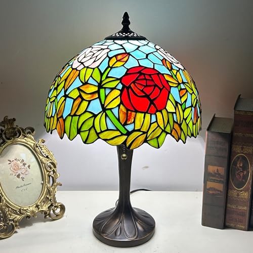 Tiffany Lamp Stained Glass Table Lamp 12X12X18 Inch Rose and Leaf Tiffany Style Desk Lamp for Living Room Bedroom Study Home Office,Include LED Bulb