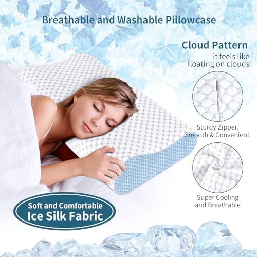 Cervical Pillow for Neck Pain Relief, Contour Memory Foam Pillows for Sleeping, Odorless Ergonomic Pillow Adjustable Orthopedic Cooling Pillow Bed Pillow Neck Support for All Sleepers (White & Blue)