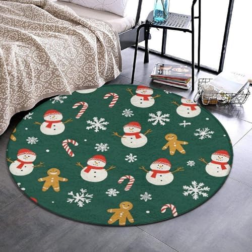 Fashion Round Area Rug Large Non Slip Carpet, Christmas Gingerbread Snowman Green Unisex Home Decor Mat
