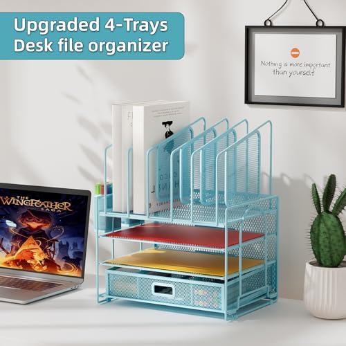 Marbrasse Desk Organizers, 4-Tier Mesh Desk File Organizer with 5 Vertical File Holders and 2 Pen Holders, Multifunction Desktop Organizer,Desk Organizers and Accessories for Home Office (Blue)