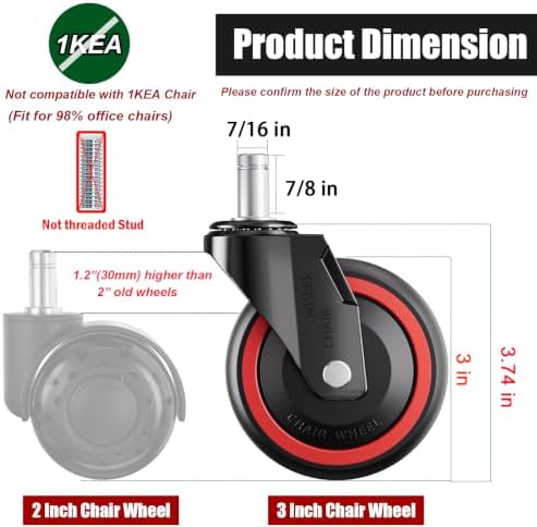 Office Chair Caster Wheels Replacement 3 Inch Roller Blade, Set of 5