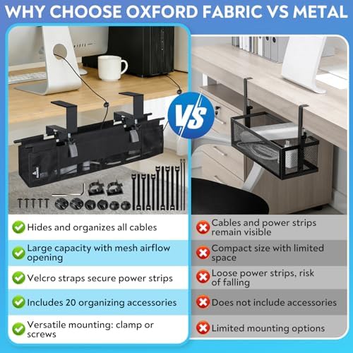 Under Desk Cable Organizer, Cable Management Tray, Clamp or Screw Mount