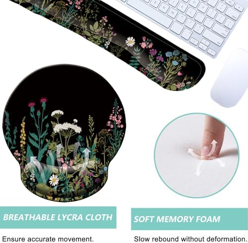 Keyboard Wrist Rest Pad Mouse Pad with Wrist Support Set of 3, Mousepad with Non-Slip Rubber Base, Ergonomic Memory Foam Mouse Wrist Cushion Support for Home Office Laptop Computer, Flowers Grass
