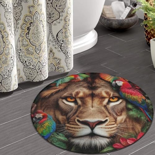Machine Washable Modern Round Area Rug, Room Sofa Yoga Soft Round Carpet, Home Decor Non Slip Kitchen Office Circle Rug Lion and Parrot, 60inch
