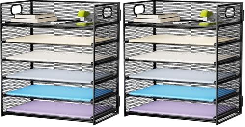 Marbrasse 6 Tier Paper Organizer Letter Tray - Mesh Desk File-Organizer with Handle, Paper Sorter Organizer for Letter/A4 Office File Folder Holder - Black (Pack of 2)