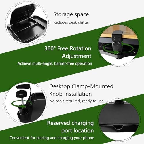 Clamp-on Mouse Tray Under Desk, Height Adjustable Under Desk 360° Rotating Tray Rest Extension Attachment, Clamp-on Mouse Pad Holder Platform with Storage Compartments (Black)