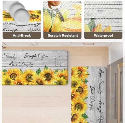 KIMODE Anti Fatigue Kitchen Mat, Farmhouse Sunflower Kitchen Rugs Sets of 2