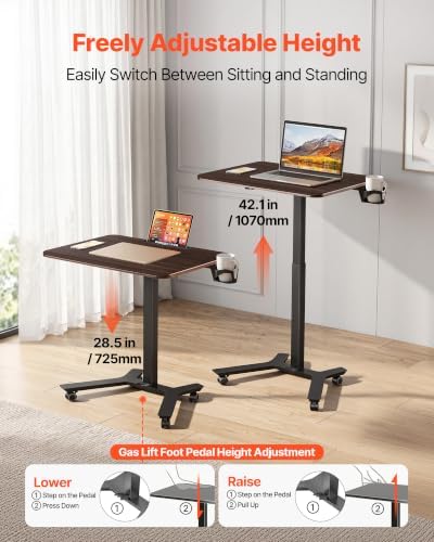 VEVOR Standing Desk, Adjustable Height Mobile Stand Up Desk w/Casters, 28.2 x 20.5 in Small Computer Sit Stand Rolling Workstation w/Hook, 33 lbs Capacity, Foot Pedal Pneumatic Lift for Home Office