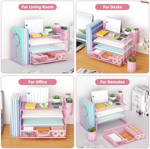 Marbrasse 4-Tier Paper Tray Organizer with Drawer and Pen Holder, Pink