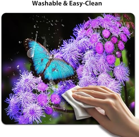 9.5x7.9 Inch Office/Gaming Mouse Pad, A Blue Morpho Butterfly on Purple Flowers Blooms Cute Anti-Slip Mat for Desk