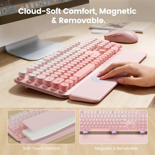 Wireless Keyboard and Mouse Combo, Magnetic Soft-Touch Wrist Rest, Pink